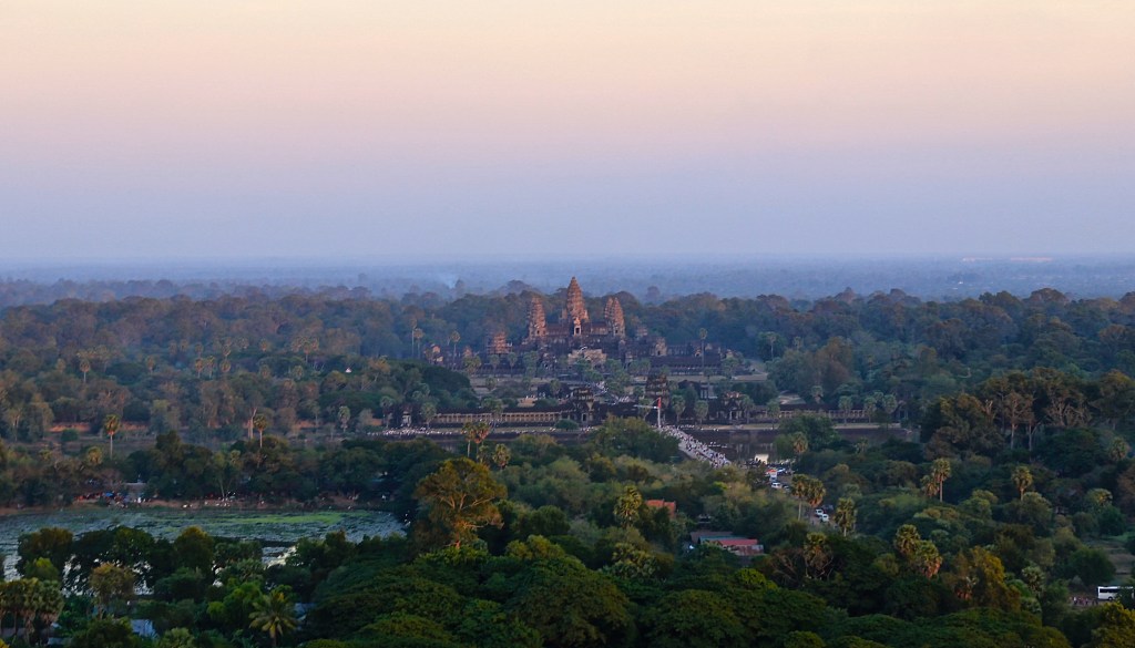 Aerial view of the massive Angkor Wat temple complex