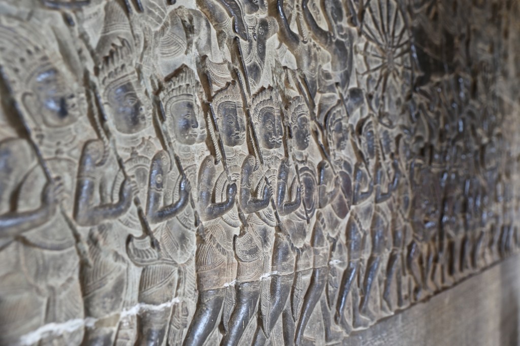 The detailed carvings inside Angkor Wat
